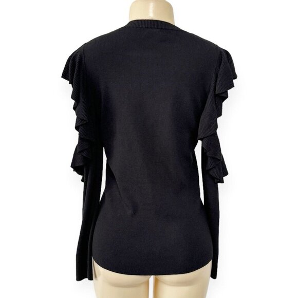 Max Studio Black Ruffled Pullover Sweater Cold Shoulder Long Sleeve Top - Picture 5 of 11